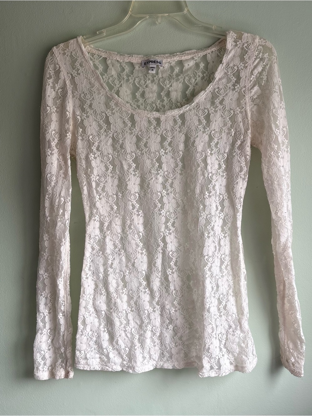 Express Cream Lace Long Sleeve Scoop Neck Top - Floral Overlay